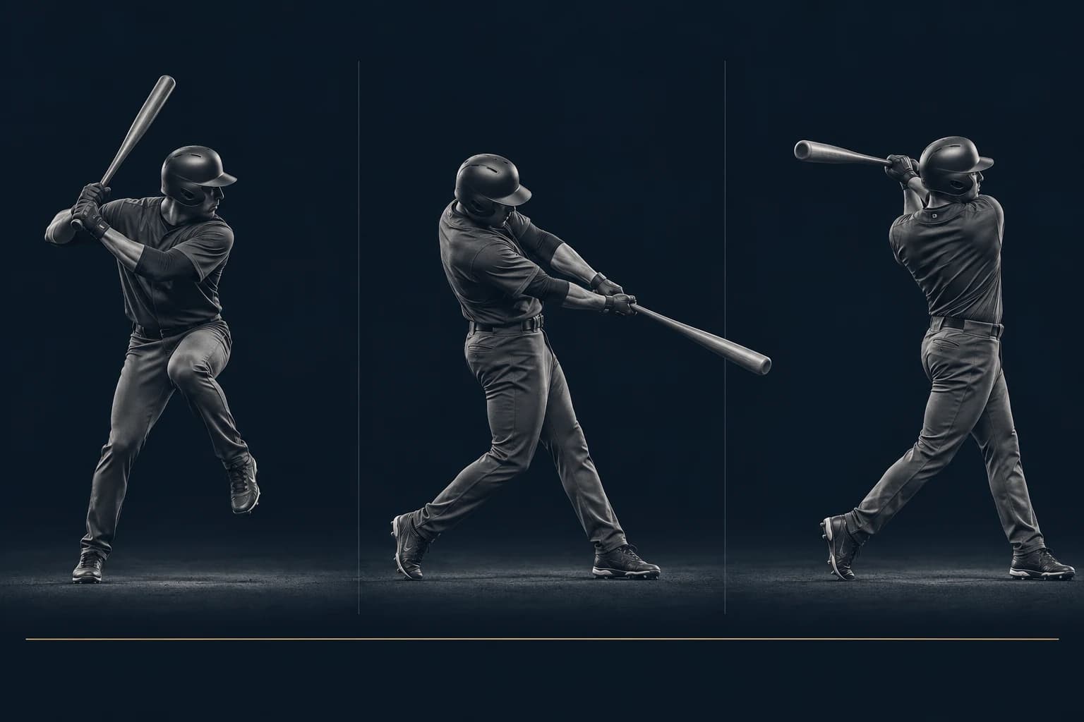 Conceptual motion study of a baseball hitter across three swing positions